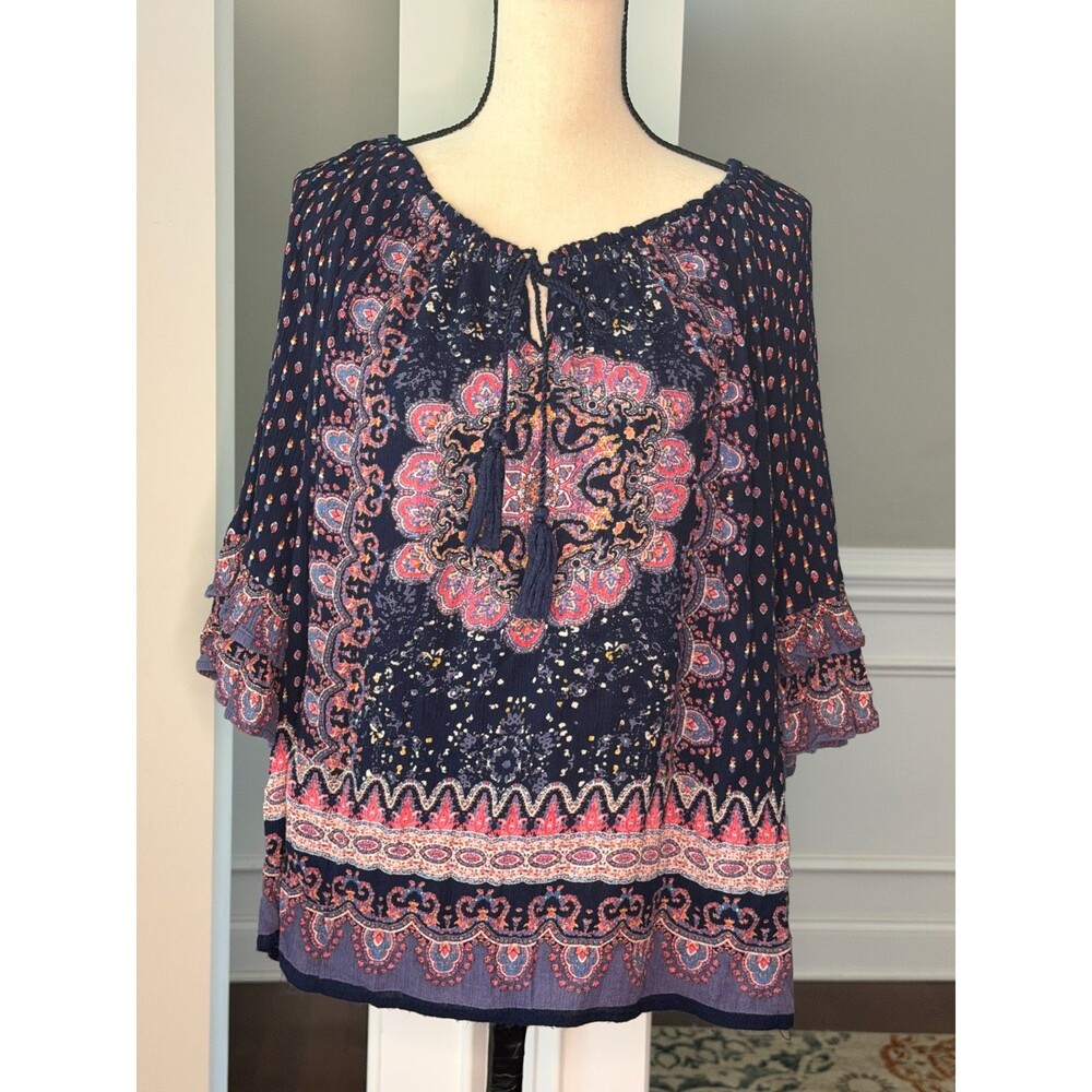 Bila Mandala Print Blouse w/Ruffled Sleeves Sz XL